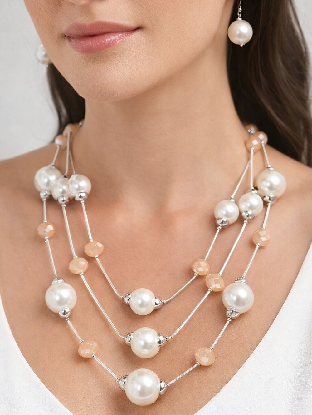 Multi Strand  Silver, Ivory & Cream color Beaded Necklace & Earrings  Jewelry
